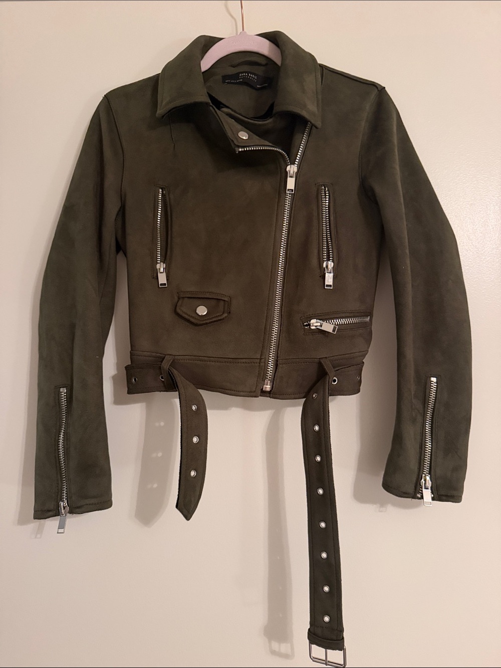 Zara Olive Suede Moto Jacket with Belted Hem